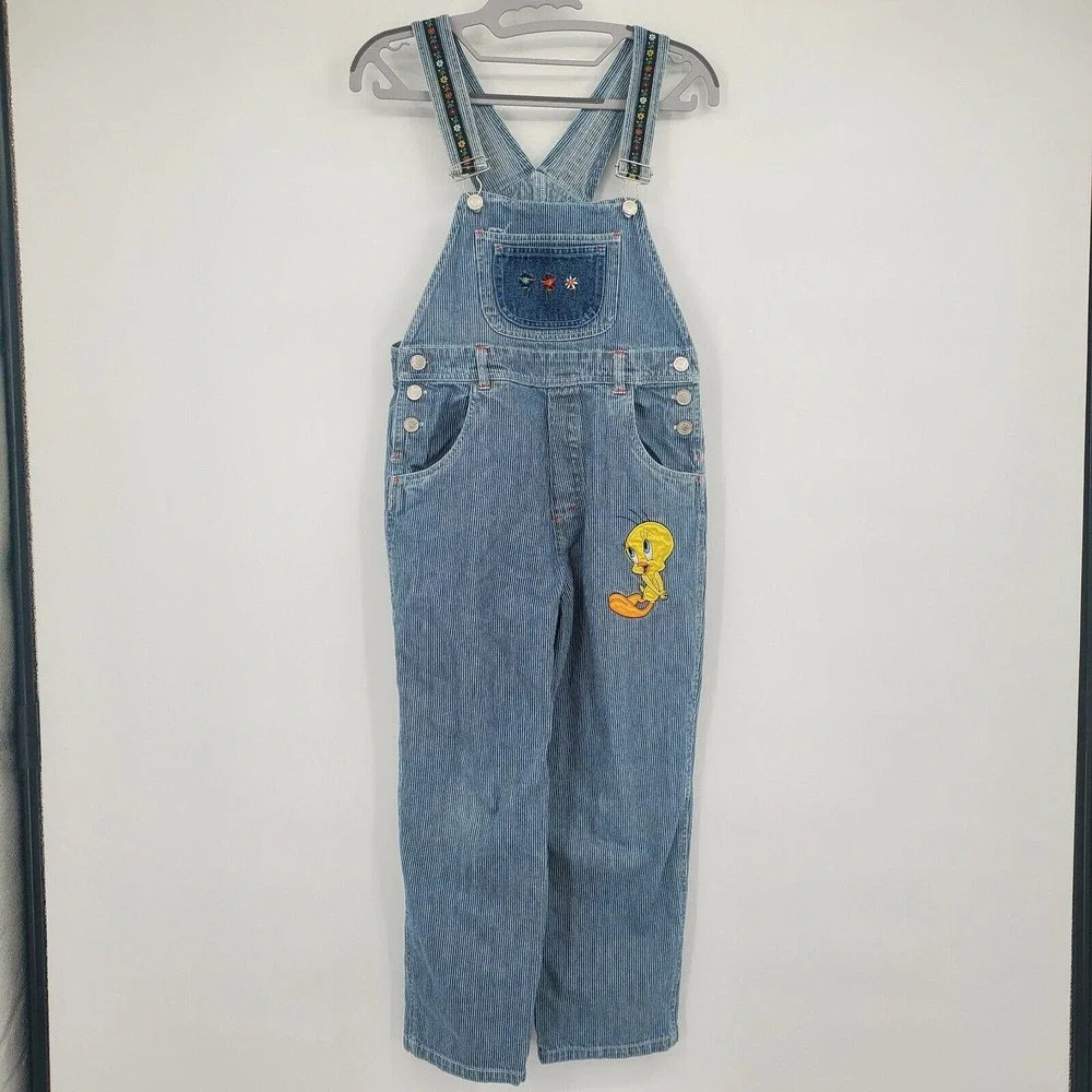 Vintage 1998 Looney Tunes Tweety Bird Denim Overalls Girls Size 10 Bibs‎ (30X21)